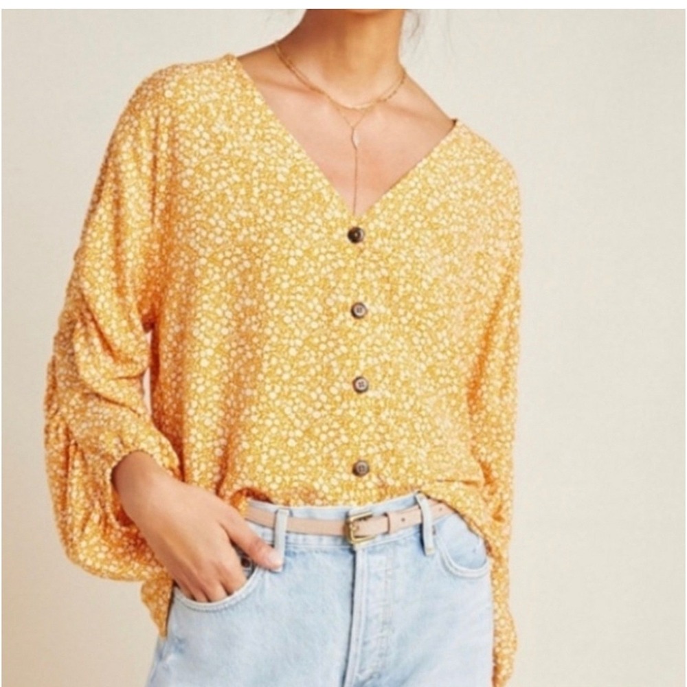 Anthropologie‎ Maeve Venice Floral Peasant Blouse Mustard Orange Medium